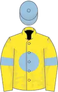 Yellow, light blue disc and armlets, light blue cap