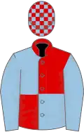 Light blue and red quartered, blue sleeves, check cap