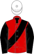 Red, black sash and sleeves, white cap