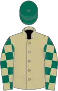 Beige, beige and dark green check sleeves, dark green cap