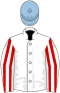 White, red striped sleeves, light blue cap