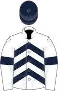 White, dark blue chevrons, armlets and cap