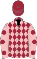 Pink, maroon diamonds, spots on sleeves, maroon cap