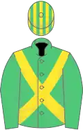 Emerald green, yellow cross belts, striped cap