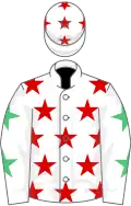 White, red stars, white sleeves, emerald green stars, white cap, red stars