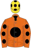 Orange, black disc, black spots on sleeves, yellow cap, black spots