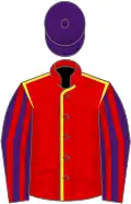 Red, yellow seams, purple and red striped sleeves, purple cap