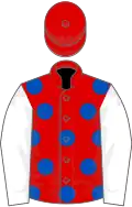 Red, royal blue spots, white sleeves, red cap