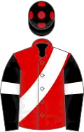 Red, white sash, black sleeves, white armlet, black cap, red spots