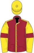 Maroon, yellow seams, yellow sleeves, maroon armlets, yellow cap