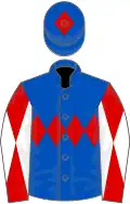 Royal blue, red triple diamond, red and white diabolo on sleeves, blue cap, red diamond