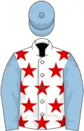 White, red stars, light blue sleeves and cap