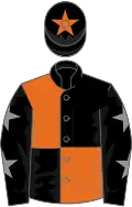 Black and orange (quartered), black sleeves, grey stars, black cap, orange star