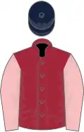 Maroon, pink sleeves, dark blue cap