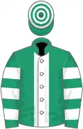 Emerald green, white stripe, hooped sleeves and cap