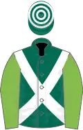 Dark green, white cross sashes, light green sleeves, dark green and white hooped cap