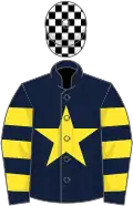 Dark blue, yellow star, hooped sleeves, white and black check cap