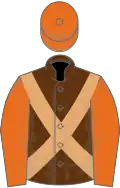 Brown, beige cross belts, orange sleeves and cap