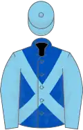 Royal blue, sky blue cross-belts, sleeves and cap