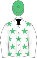WHITE, emerald green stars, white sleeves, emerald green cap