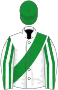 White, green sash, striped sleeves, green cap