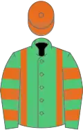 Emerald green, orange braces and cap, hooped sleeves