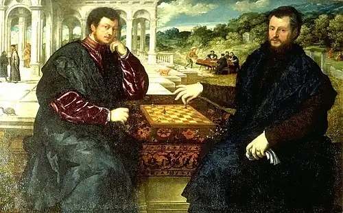 Image 22Paris Bordone, c. 1545, Chess players, oil on canvas, Mailand, Wohnhaus (from Chess in the arts)