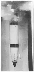 High speed image of the Pershing II penetrator as it left muzzle of a gun used for penetration testing. Velocity was 1,795 feet per second (547 m/s) at this point