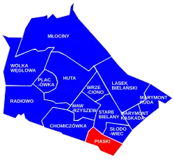Location of Piaski within the district of Bielany, in accordance to the City Information System.