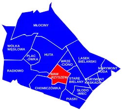 Location of the City Information System area of Wawrzyszew within the district of Bielany.