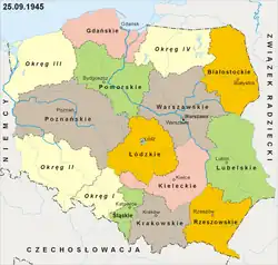The administrative subdivisions of Poland from 25 September to 24 June 1945, including the District of Lower Silesia.