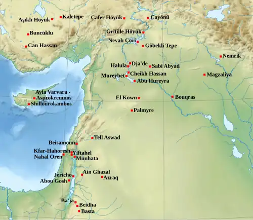 Map of the Middle East with location of various sites.