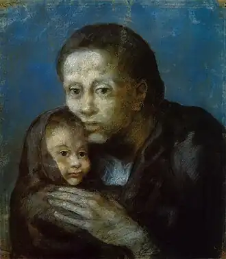 Pablo Picasso, 1903, Desemparats (Maternité, Mère et enfant au fichu, Motherhood), pastel on paper, 47.5 x 41&nbsp;cm, Museu Picasso, Barcelona. Exposició d'Art francès d'Avantguarda, Galeries Dalmau, Barcelona, 1920