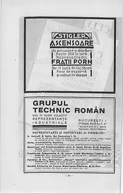 Page of a magazine or newspaper that advertised elevators