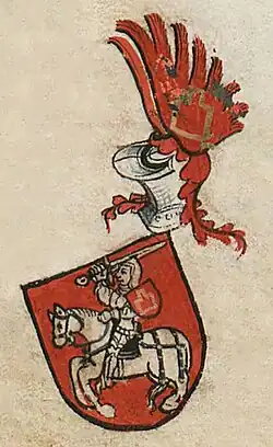 Coat of arms of Švitrigaila, circa 1440, who at the time ruled Ruthenian territories in Ukraine, a variation of Vytis (Waykimas) [167]