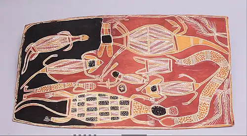 Aboriginal Australian painting with lizards and snake, 1900–1970