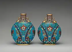 Pair of round and flat bodied bottles; 1870–1880; porcelain; first bottle: 26.4 × 21 × 10.6&nbsp;cm, second bottle: 25.7 × 20.2 × 10.2&nbsp;cm; Metropolitan Museum of Art
