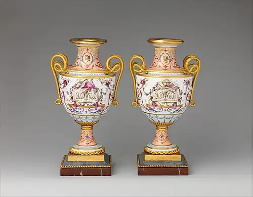 Pair of vases; 1789; hard-paste porcelain, gilt bronze, marble; height (each): 23&nbsp;cm; Metropolitan Museum of Art