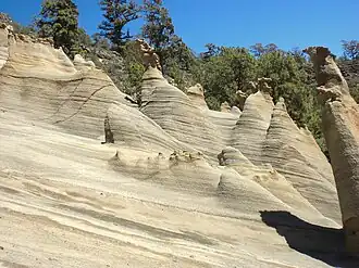 Pillars ("fairy chimneys")[294] of Lower Pleistocene pyroclastic rock[295] at Los Escurriales/Paisaje lunar, near Vilaflor, Tenerife[296]