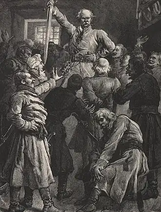 Illustration to Book VII of Pan Tadeusz. Gerwazy showing off his sword called Scyzoryk (Pocketknife), by Michał Andriolli.