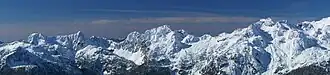 Panorama from Oakes Peak with Diobsud Buttes to left, Logger Butte centered, and Electric Butte to right