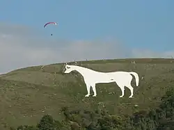 Figure of a white horse cut into the hillside.