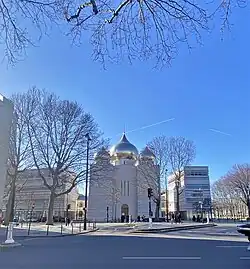 The Church (Center), cultural center (R) and auditorium (L)