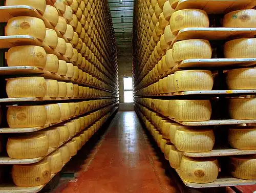 An aisle in a room. On both sides are large yellow flattened spheres stacked on shelves to the ceiling.