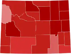 Image 35Party registration by Wyoming county (March 2023): &nbsp;&nbsp;Republican ≥ 50% &nbsp;&nbsp;Republican ≥ 60% &nbsp;&nbsp;Republican ≥ 70% &nbsp;&nbsp;Republican ≥ 80% &nbsp;&nbsp;Republican ≥ 90% (from Wyoming)