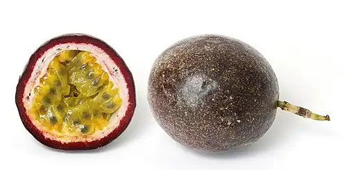 Image 7 Passionfruit Photo credit: Fir0002 A ripe passionfruit and the cross-section of another. Passionfruits are the fruit of the passion flower vine species Passiflora edulis, which is native to Brazil and northeastern Argentina, but is now cultivated commercially in frost-free areas in many countries for its fruit. Passionfruit comes in two varieties: purple (seen here), which is usually smaller than a lemon, and yellow, which is about the size of a grapefruit. More selected pictures