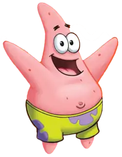 A smiling pink starfish wearing green trunks