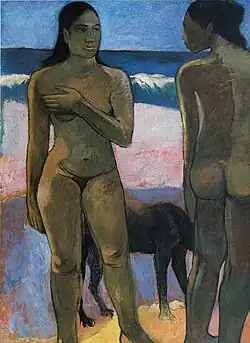 Paul Gauguin, 1892, Deux Tahitiennes sur la plage (Two Nudes on a Tahitian Beach), oil on canvas, 90.8&nbsp;× 64.8&nbsp;cm (35.7&nbsp;× 25.5&nbsp;in), Honolulu Museum of Art