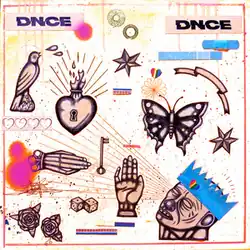 The cover depicts several drawings—clockwise from top left: a pigeon; a heart on fire with a keyhole; a butterfly; a head wearing a blue crown; a right palm facing upwards; a key; two dices and a hand facing backwards, pointing to the right side. The name of the band is written twice on the upper corners.