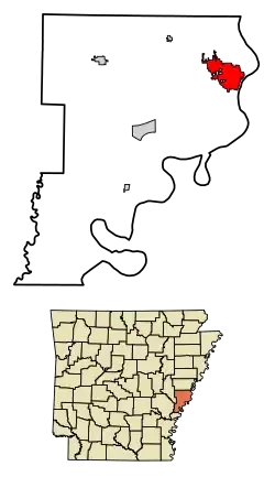 Location of Helena-West Helena in Phillips County, Arkansas.